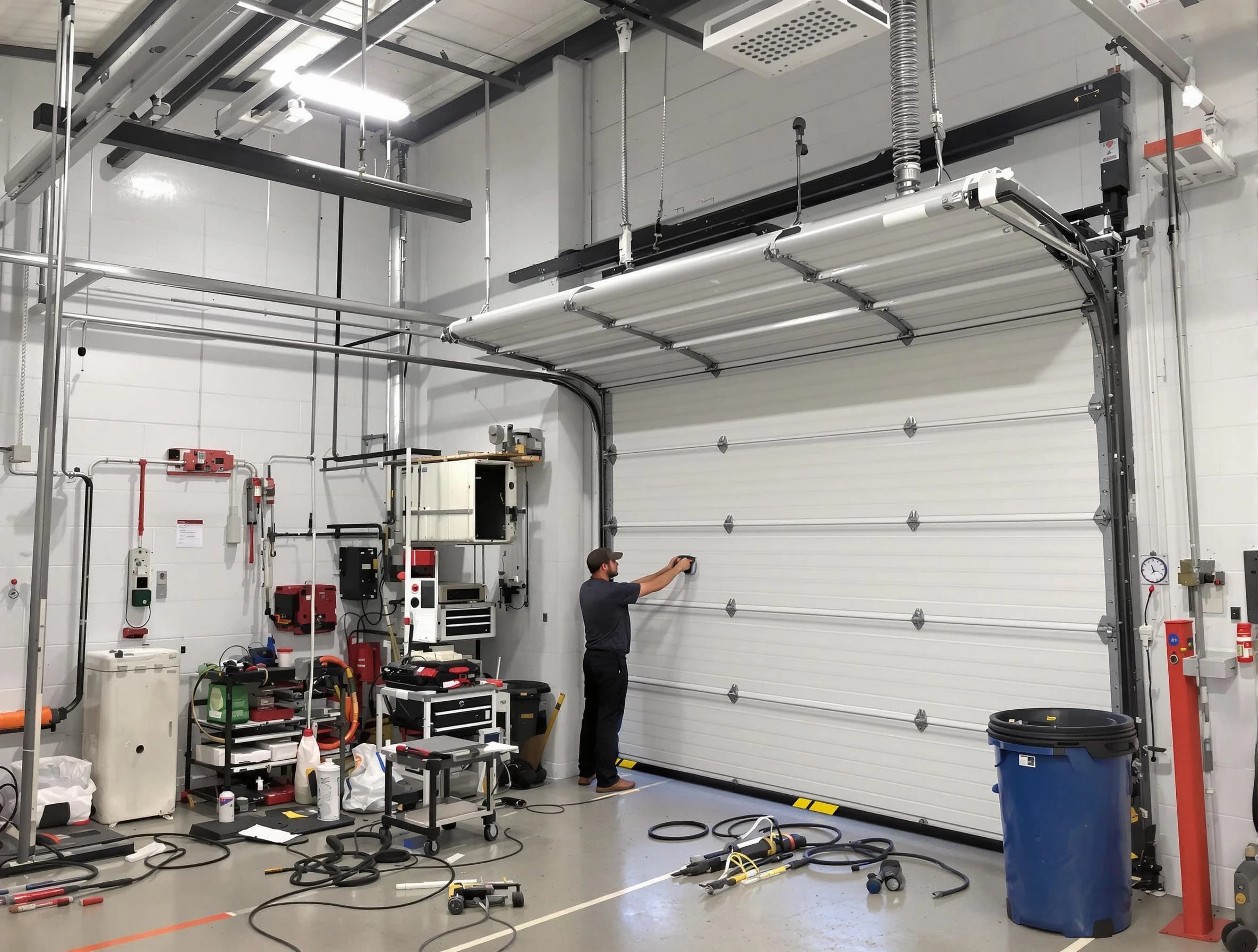 Warrior Garage Door Repair certified technician performing commercial door repair at a Warrior business facility