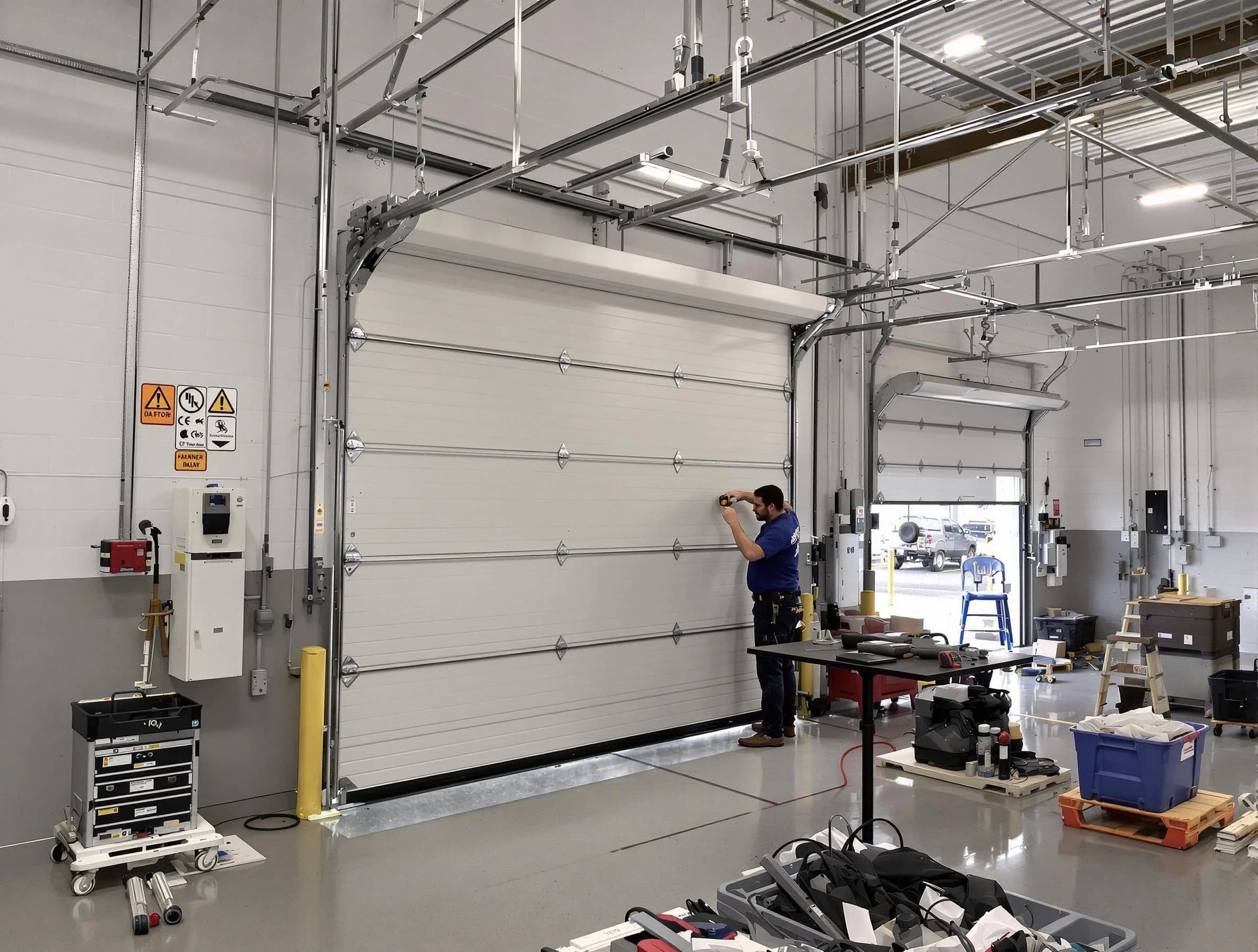 Commercial garage door repair being performed by Warrior Garage Door Repair expert in Warrior