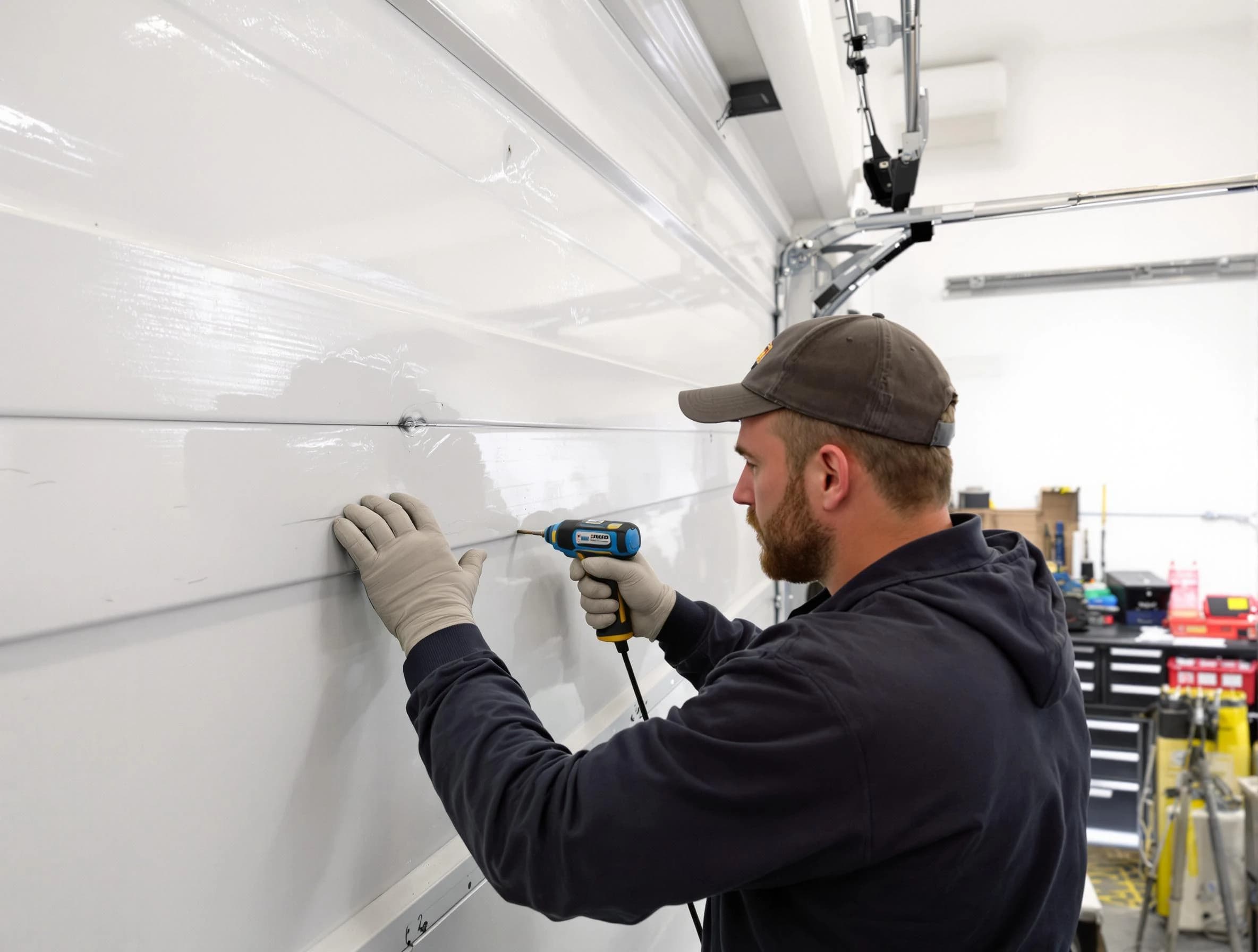 Warrior Garage Door Repair technician demonstrating precision dent removal techniques on a Warrior garage door